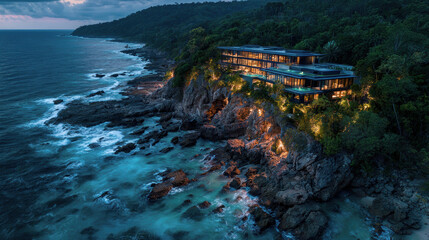 Stunning beach house on cliff at dusk with ocean views, modern mansion or villa by sea and forest