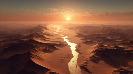 Obraz premium River in desert, breathtaking sunset over mars-like rocky landscape, water in sandy dunes