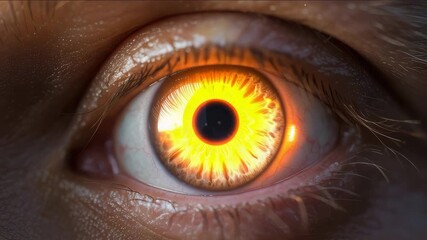 Intense fiery eye reflecting desert sunset, captivating close-up for sci-fi, fantasy and mystical themes