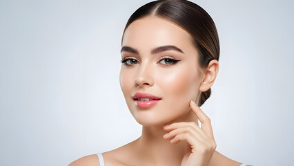 Close-up beauty shot of a woman's fresh face with natural makeup and clean skin for a health and skincare treatment
