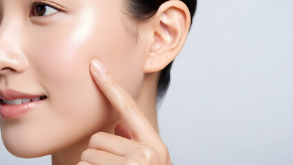 Young woman with healthy skin and a smiling face applying lip gloss with a closeup of her hand and lips