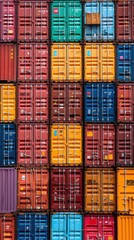 A vertical image of a stack of colorful shipping containers. The containers are arranged in a grid pattern, creating a visually interesting composition.