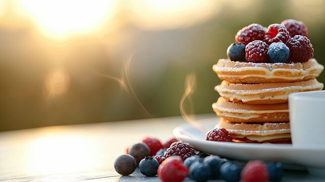 A stack of waffles topped with fresh raspberries and blueberries on a white plate, with a cup and steam, outdoors in the golden hour.