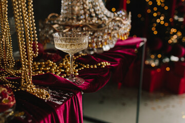 Holiday celebration with champagne on Christmas table decor.