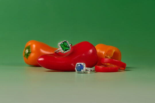 Beautiful gemstone rings displayed artfully on vibrant red peppers