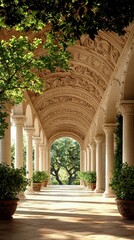 Fototapeta premium A stone colonnade with columns and arches, leading to a view of trees and greenery. The scene is bathed in sunlight, creating shadows.
