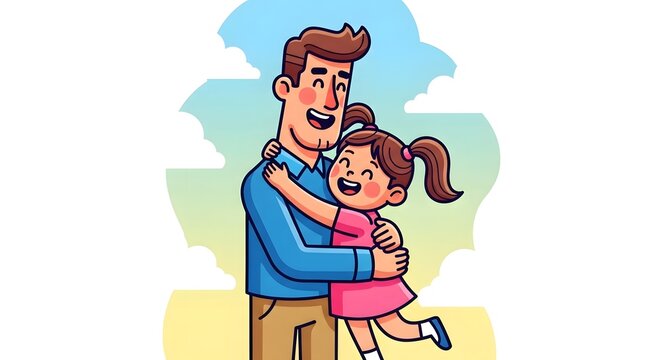 Cartoon Hug, cute flat-style illustration of father and daughter hugging with bright cheerful colors and pastel background, ideal for children’s books, greeting cards, and playful family visuals. - Powered by Adobe