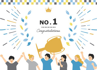 トロフィーを掲げる人達と月桂樹