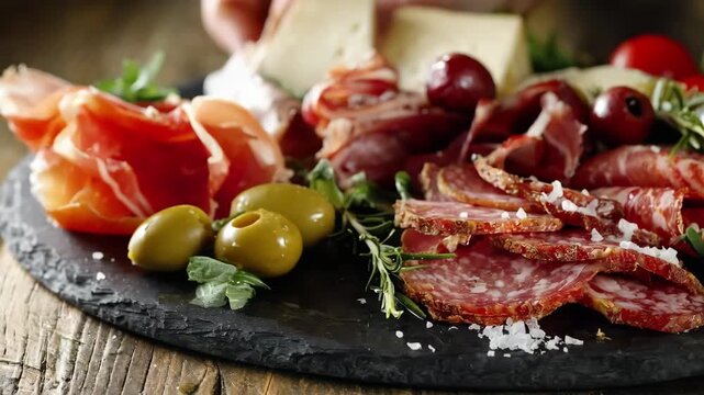 Medium shot of mixed cured meats display including salami prosciutto and bresaola garnished with olives and cheese for a gourmet appetizer presentation.