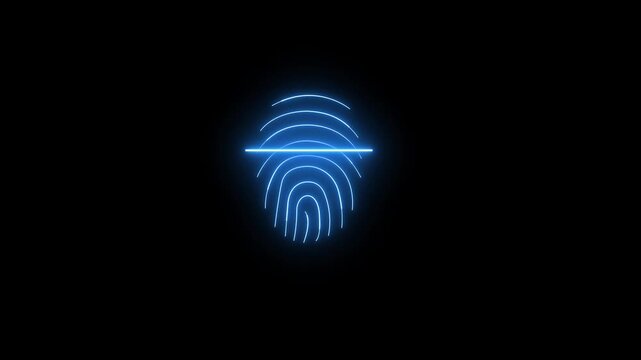Glowing blue neon fingerprint scanning animation icon. Biometric security verification. Digital data access system. 4K futuristic tech motion graphic.