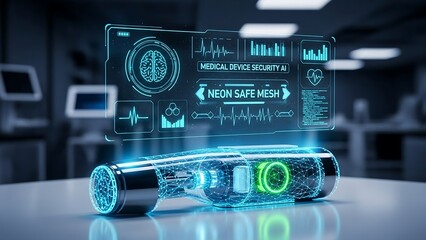 Futuristic Medical Device with Holographic Display in Hospital Setting.