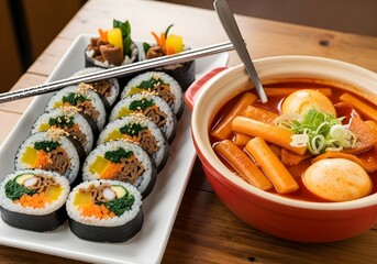 Images of Korean food kimbap and topokki