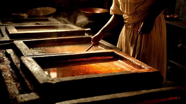Medium shot of artisan applying chemical solution to copper sheet showcasing the early stages of antique patina development with rich warm tones.