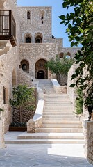 Naklejka premium Exterior view of a stone building with a staircase leading up to arched doorways. The scene is bathed in daylight, with greenery adding to the ambiance.