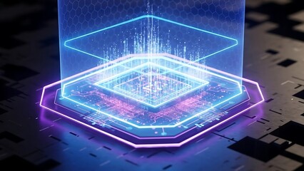 Futuristic Technology - Glowing Circuit Board with Holographic Display.