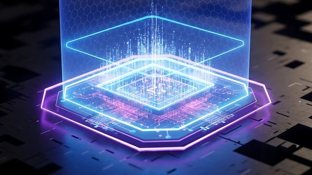 Futuristic Technology - Glowing Circuit Board with Holographic Display.
