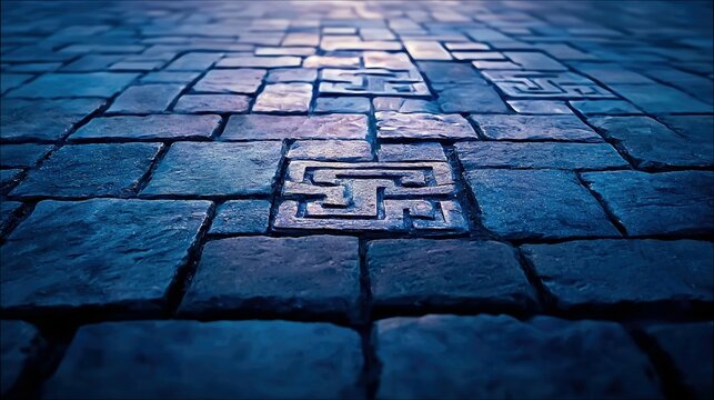 Close-up of a stone pavement with embedded maze patterns, rendered in cool blue tones, creating a sense of depth and mystery.