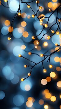 Close-up of string lights on branches with a blurred bokeh background. The image evokes a festive and dreamy atmosphere.