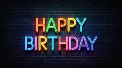 Bright neon Happy Birthday sign glows against a dark brick wall in this exciting video clip