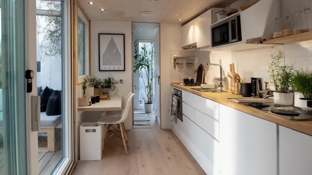 Medium shot of the compact kitchen area in a tiny house illustrating smart storage solutions space optimization and contemporary styling for efficient everyday use.