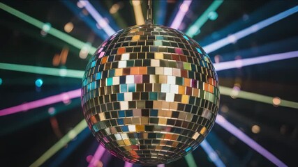 Dynamic disco ball spinning and sparkling with vibrant lights, creating a retro party atmosphere - Powered by Adobe