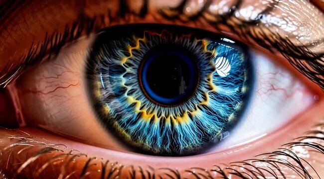 Close-up human eye with vibrant blue-yellow iris pattern and detailed pupil in anatomical macro scene. Seamless looping time-lapse animation video background