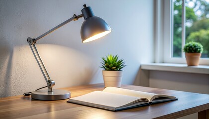 A modern desk lamp illuminates an open notebook on a wooden desk