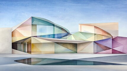 An artistic rendering of a modern geometric building with a water reflection under a blue sky. The building features colorful, angular shapes.