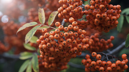 Clusters of Ripe Orange Rowan Berries on a Branch mountain ash fruit