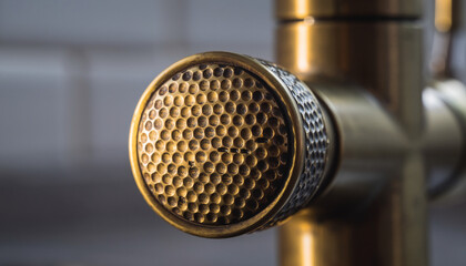 Closeup of a brass faucet handle with a textured dimpled surface