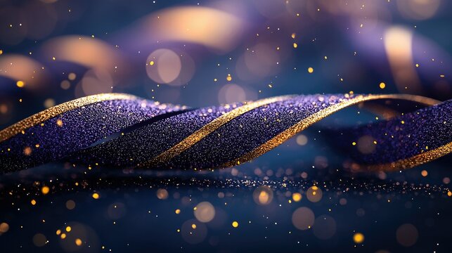 Close-up of a blue and gold ribbon with a glittery texture, creating a festive and elegant bokeh effect.