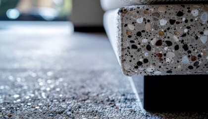 Closeup of speckled concrete furniture leg and pebble floor