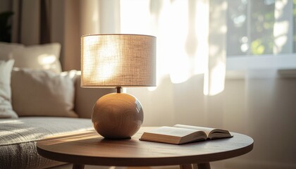 Lamp and open book on wooden table by sunlit window
