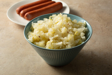 A view of a bowl of sauerkraut.