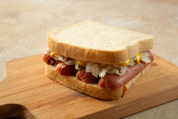 A view of a gluten-free kraut dog sandwich.