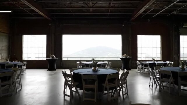 Large industrial hall set up for event with view of distant hills and sky