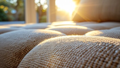 Sunlight on textured sofa cushions closeup perspective