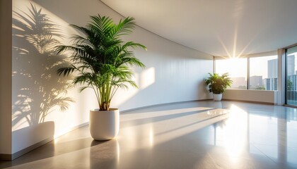 Fototapeta premium Sunlit modern interior with potted palm trees and city view