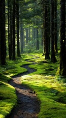 Obraz premium A scenic view of a winding path through a lush green forest, illuminated by sunlight filtering through the trees.