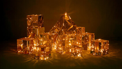 Abstract glowing translucent cubes and a pyramid illuminating form