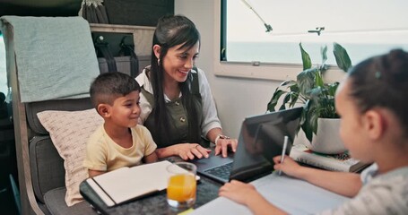 Mom, children and laptop in motorhome, drive and education with multitasking for remote work. Happy people, mother and kids in van for freelance job, homework or learning in transportation for family - Powered by Adobe