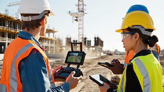 Construction team using drone technology for site monitoring and surveying
