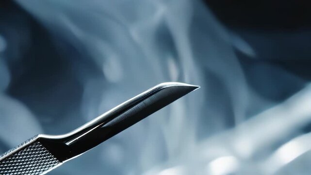 A surgical scalpel with a sharp blade is set against a blurred smoky background