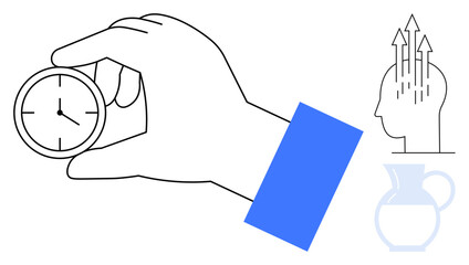 Time management concept. A hand holding a clock time control, with icons for growth and creativity emphasizing planning. Perfect for productivity, business, efficiency, coaching, and personal growth