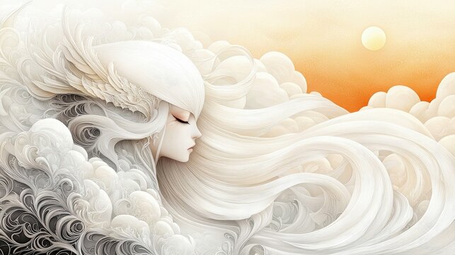 Illustration of a woman with long white hair and a white headdress, surrounded by clouds, with a sun in the sky. The image has a dreamy and ethereal quality.