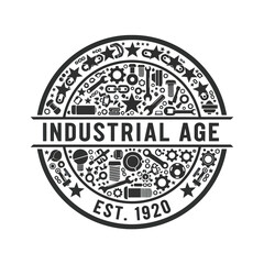 Industrial Age Emblem with Tools and Gears Est 1920.