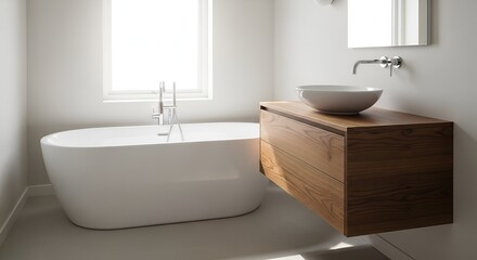 Modern bathroom boasts a freestanding tub and floating wood vanity in a bright, minimalist interior.