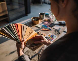 Creative woman selecting stylish color palettes for home interior design inspiration in a sunlit studio for a modern, elegant renovation project