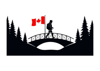 A minimalist silhouette of a backpacker carrying a Canadian flag while crossing a scenic bridge in a pine forest, symbolizing adventure and travel in Canada