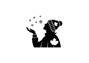 Canadian Silhouette Enjoying Snowfall with Maple Leaf Accent - Winter Icon